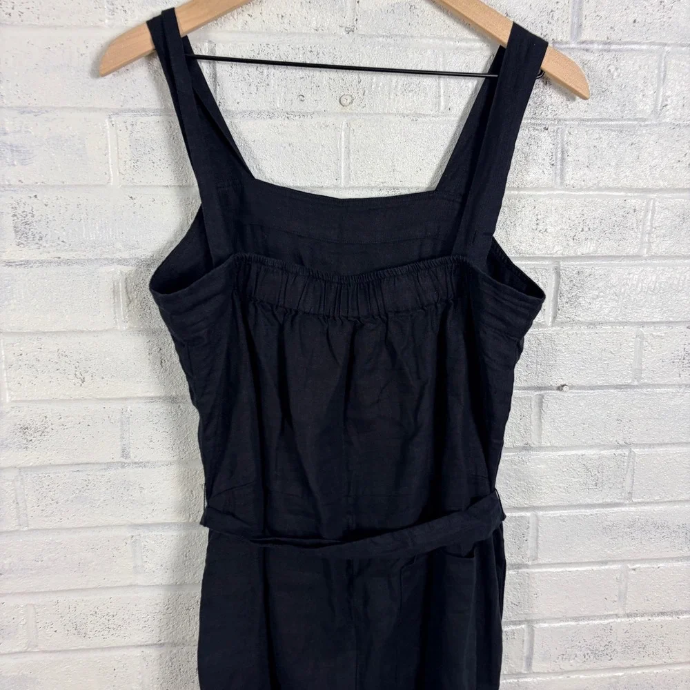 Quince Linen Jumpsuit Womens S Black Wide Leg Square Neck Sleeveless Belted